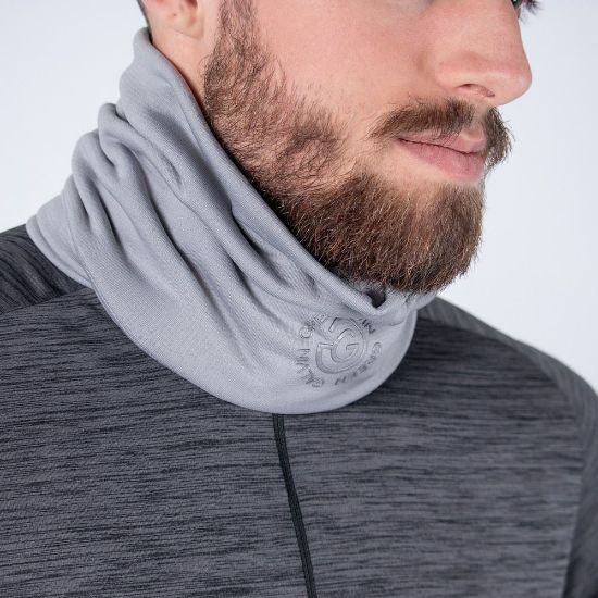 Model wearing Galvin Green Men's Dex Grey Golf Snood Side View