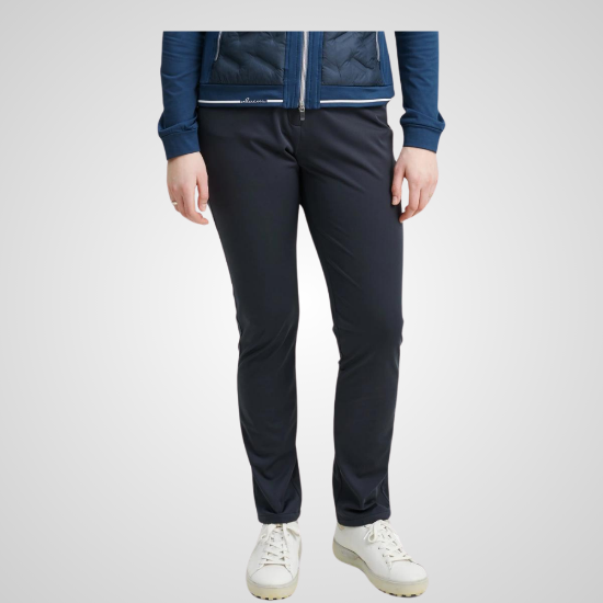 Model wearing Abacus Ladies Druids Windvent Golf Trousers Navy Front View